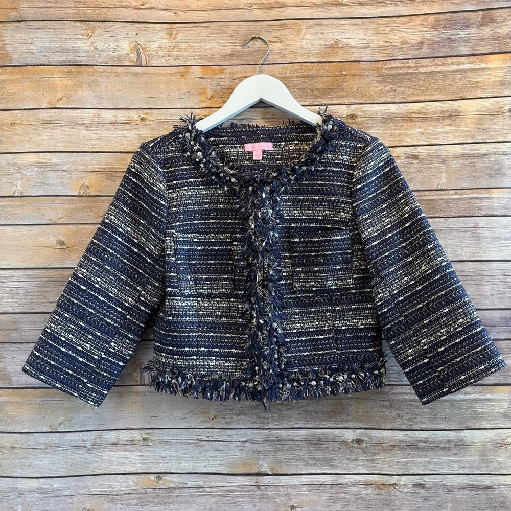 Lilly Pulitzer Hagen Boucle Metallic Fray Pearl Cropped Blazer Jacket Size 4
